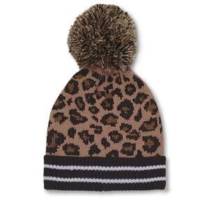New! Steve Madden Women's Leopard Print Cuffed Pompom Beanie Knit Winter Hat